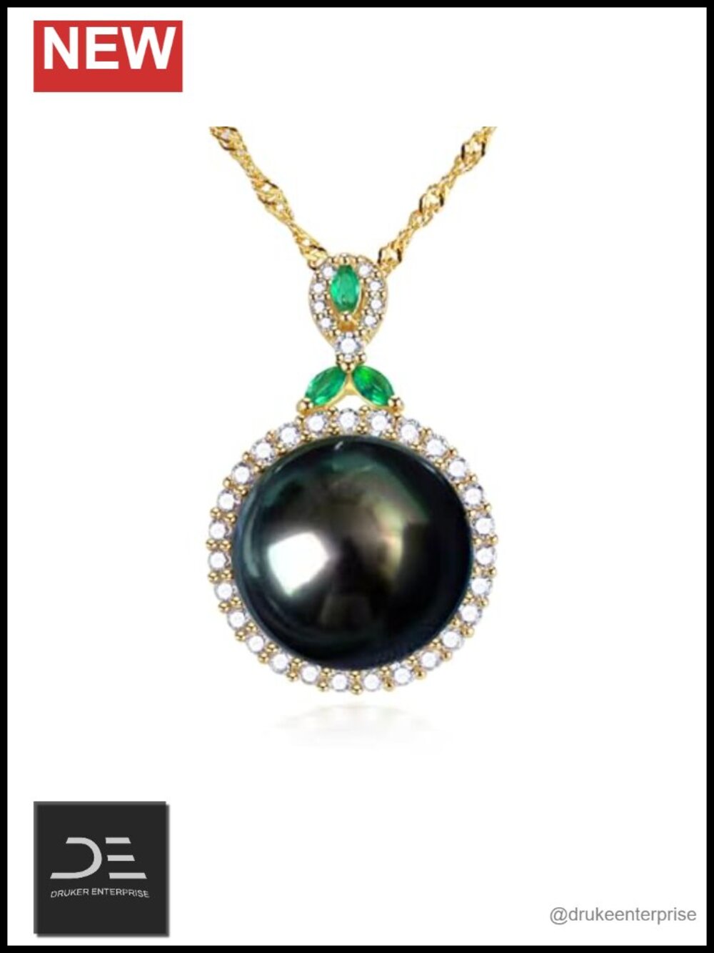 Tahitian Black Pearl Pendant Necklace 11-12mm 18K Gold Plated 925 Sterling